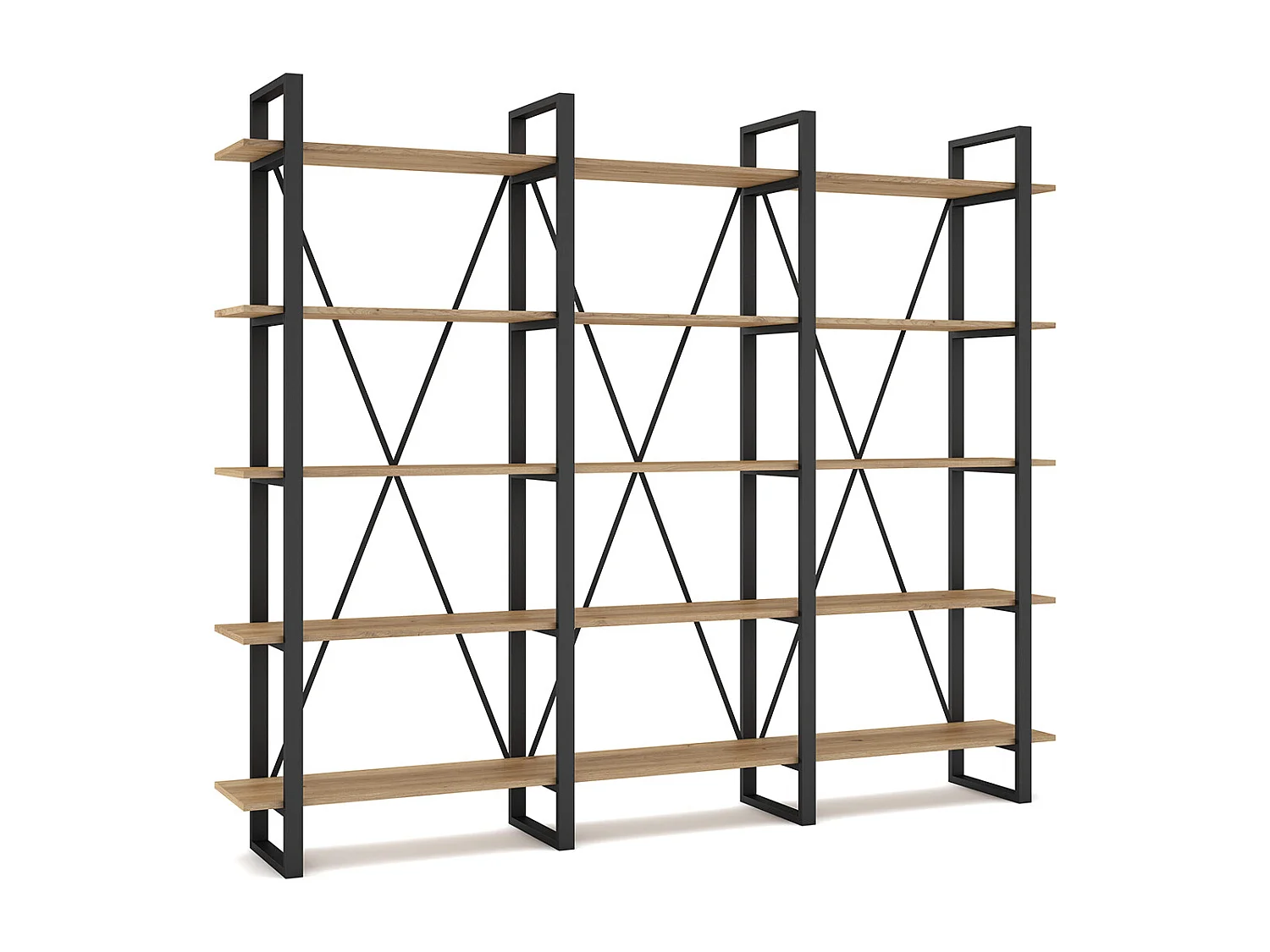 Etagère haute, meuble étagère aspect bois coloris naturel et métal noir - Longueur 217,50 x Profondeur 34,50 x Hauteur 180 cm