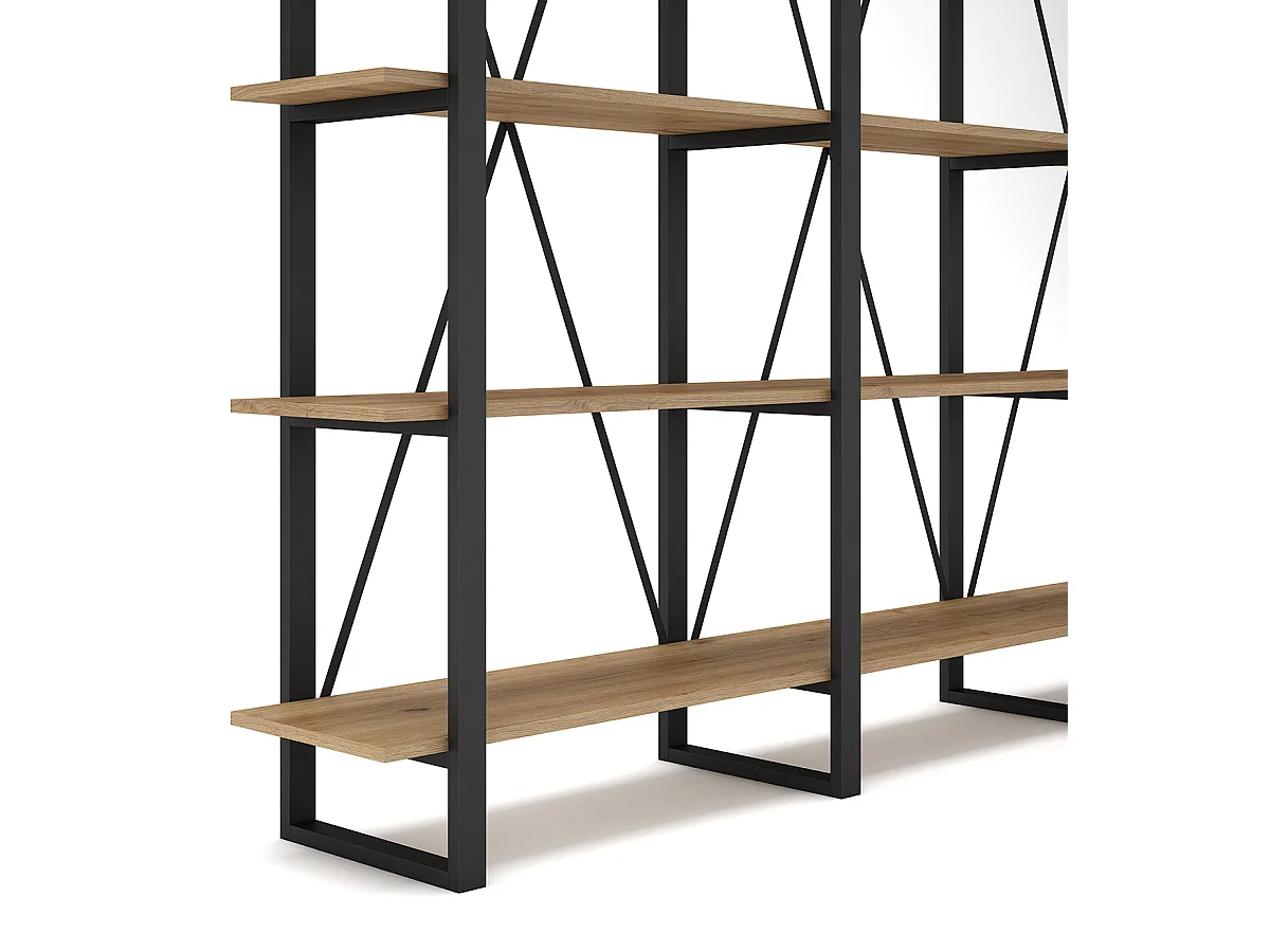 Etagère haute, meuble étagère aspect bois coloris naturel et métal noir - Longueur 217,50 x Profondeur 34,50 x Hauteur 180 cm