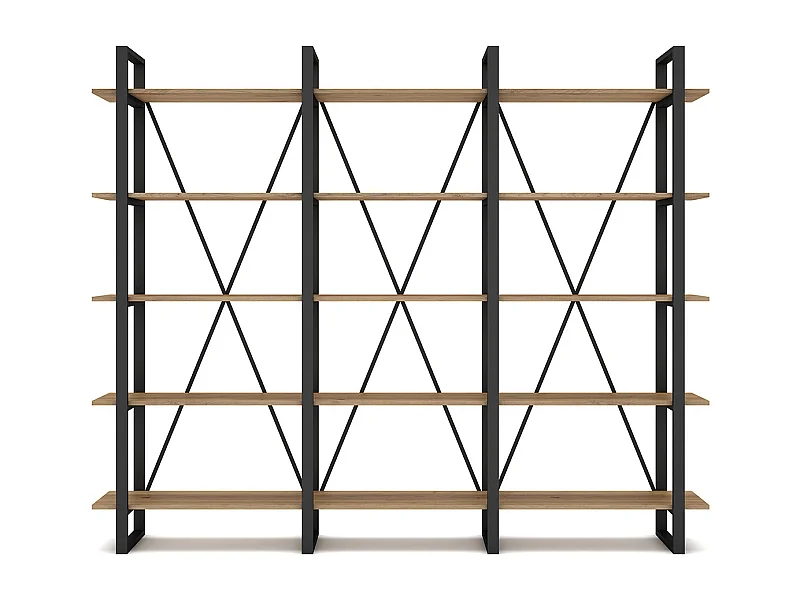 Etagère haute, meuble étagère aspect bois coloris naturel et métal noir - Longueur 217,50 x Profondeur 34,50 x Hauteur 180 cm