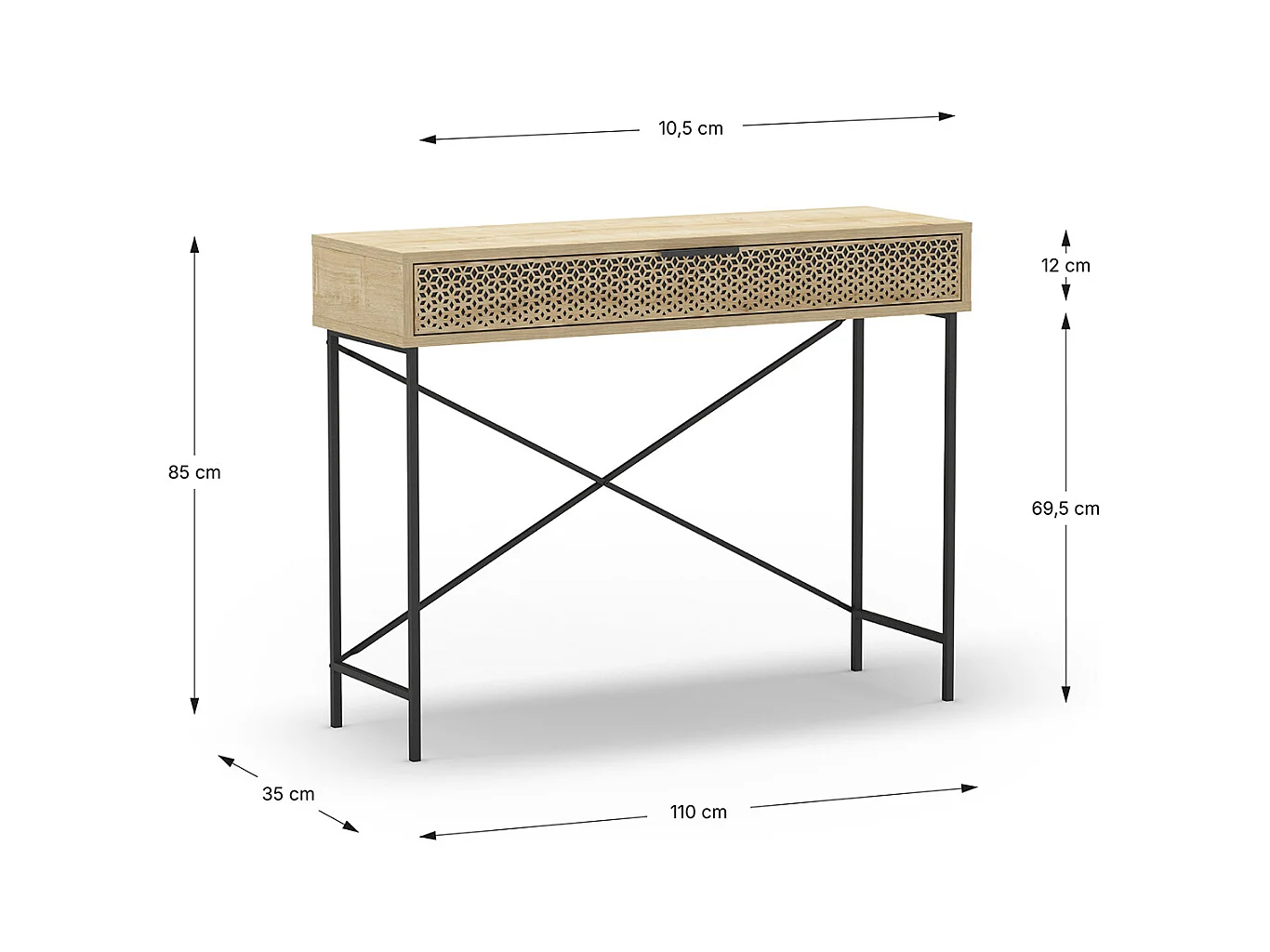 Meuble console, table de console aspect bois coloris chêne et pieds en métal noir - Longueur 110 x Profondeur 35,50 x Hauteur 85 cm