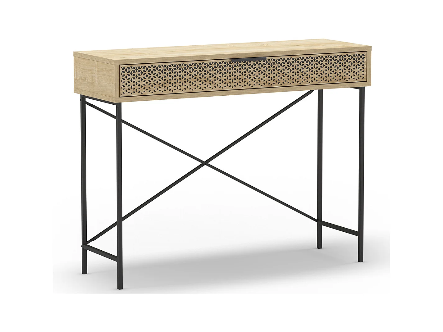 Meuble console, table de console aspect bois coloris chêne et pieds en métal noir - Longueur 110 x Profondeur 35,50 x Hauteur 85 cm