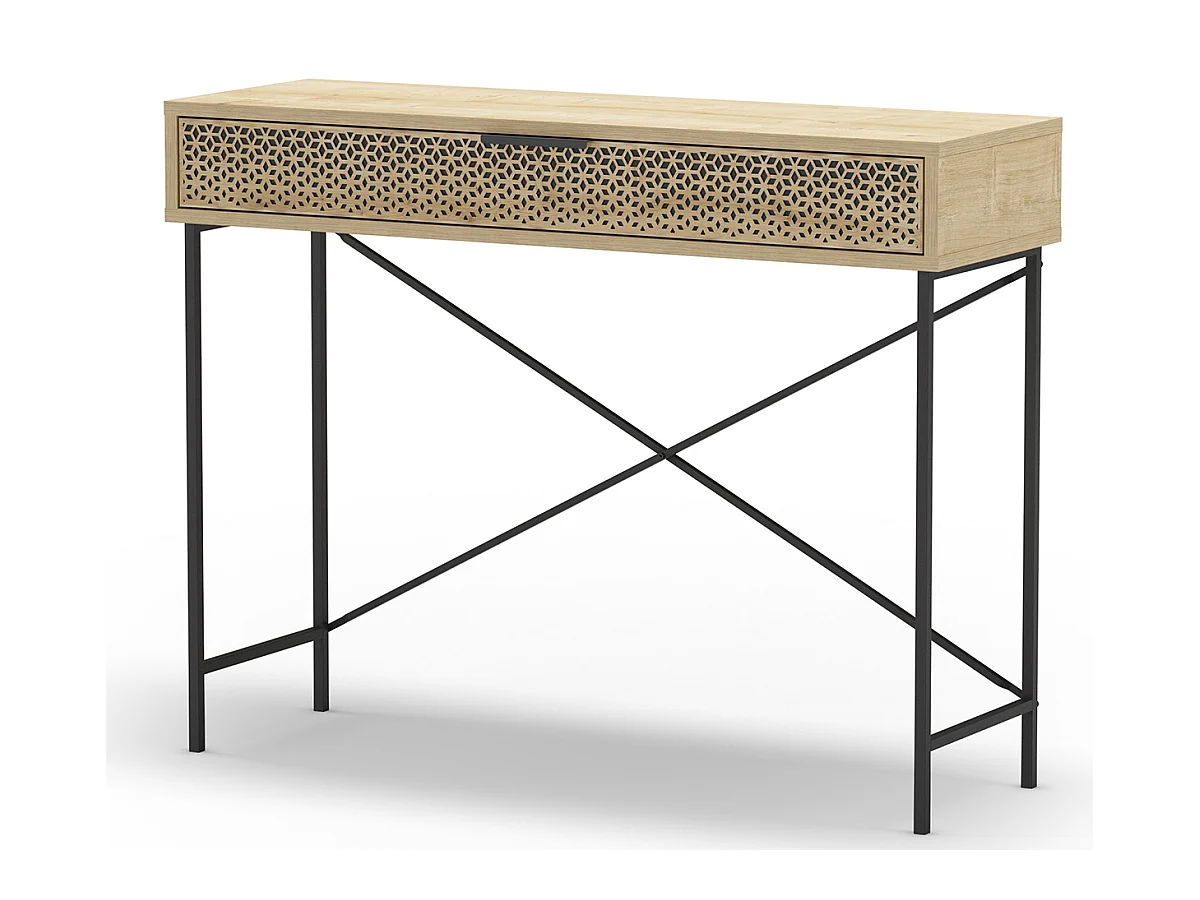 Meuble console, table de console aspect bois coloris chêne et pieds en métal noir - Longueur 110 x Profondeur 35,50 x Hauteur 85 cm
