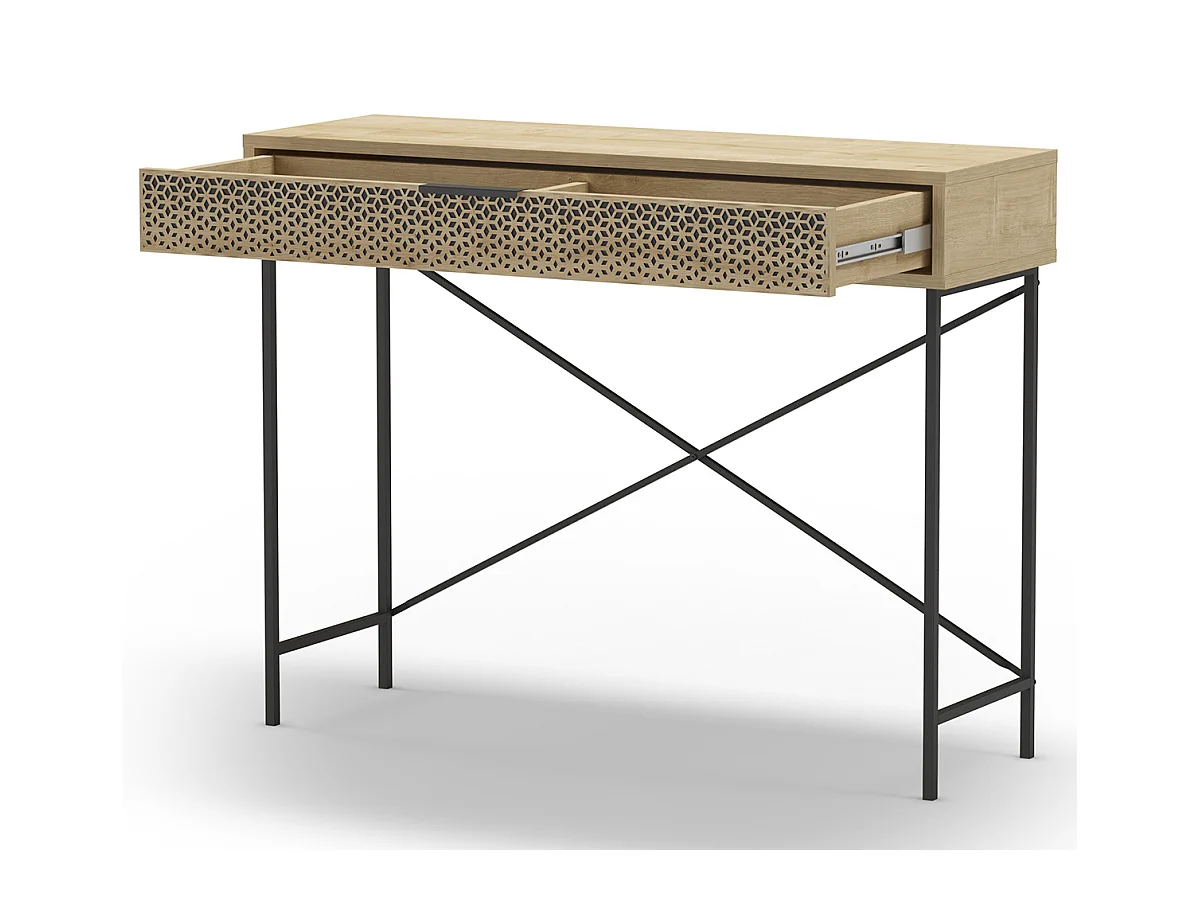 Meuble console, table de console aspect bois coloris chêne et pieds en métal noir - Longueur 110 x Profondeur 35,50 x Hauteur 85 cm