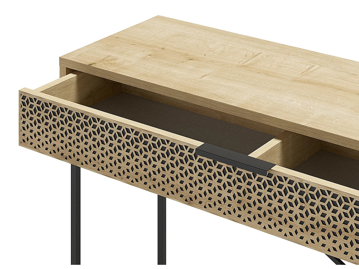 Meuble console, table de console aspect bois coloris chêne et pieds en métal noir - Longueur 110 x Profondeur 35,50 x Hauteur 85 cm