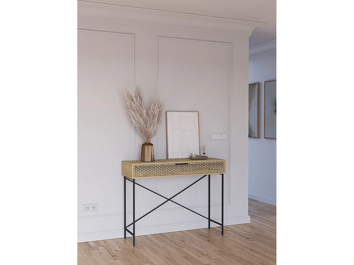 Meuble console, table de console aspect bois coloris chêne et pieds en métal noir - Longueur 110 x Profondeur 35,50 x Hauteur 85 cm