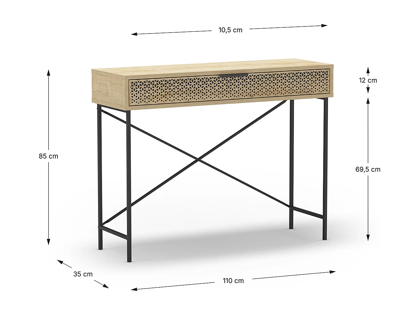 Meuble console, table de console aspect bois coloris chêne et pieds en métal noir - Longueur 110 x Profondeur 35,50 x Hauteur 85 cm