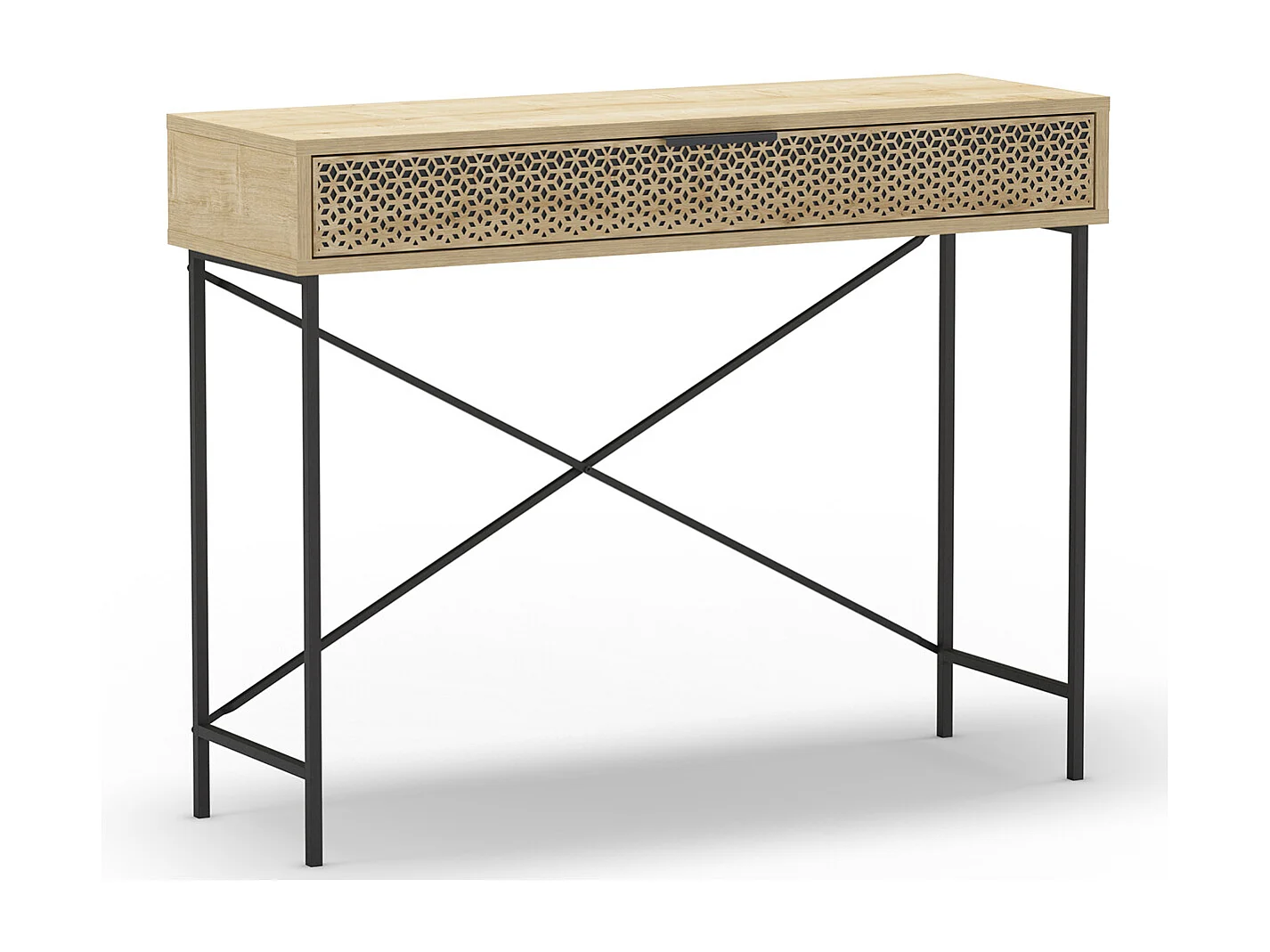 Meuble console, table de console aspect bois coloris chêne et pieds en métal noir - Longueur 110 x Profondeur 35,50 x Hauteur 85 cm