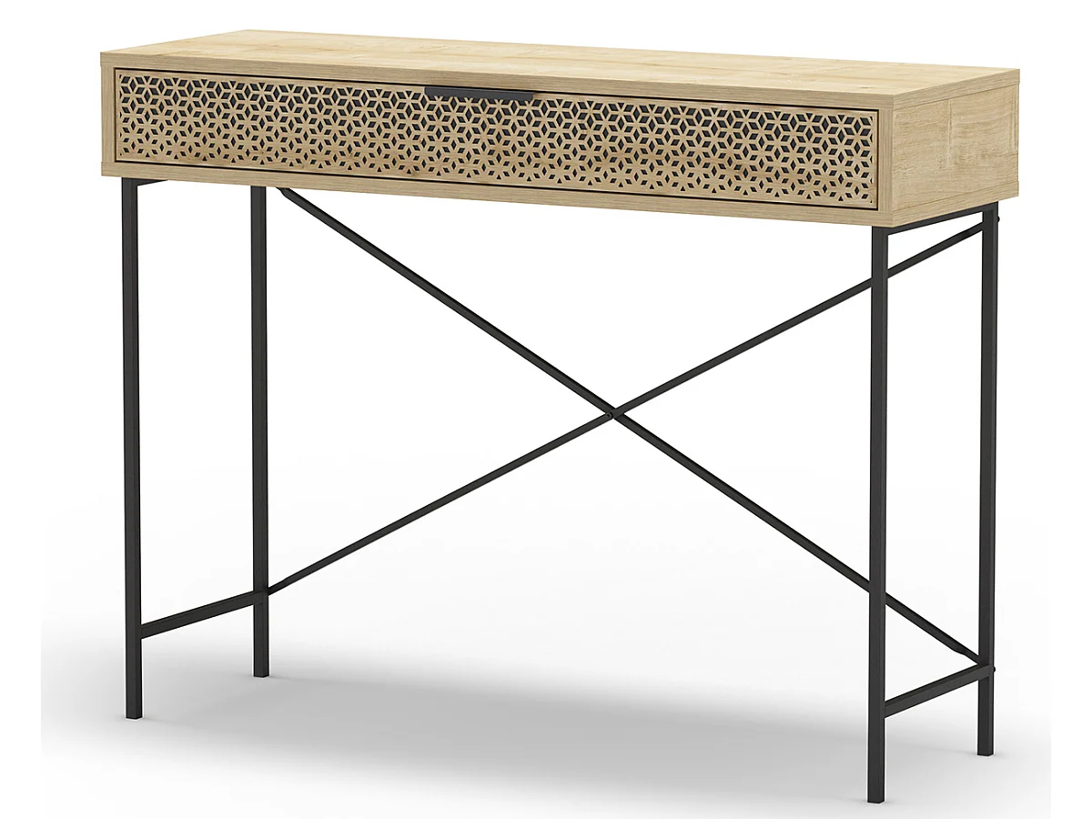 Meuble console, table de console aspect bois coloris chêne et pieds en métal noir - Longueur 110 x Profondeur 35,50 x Hauteur 85 cm