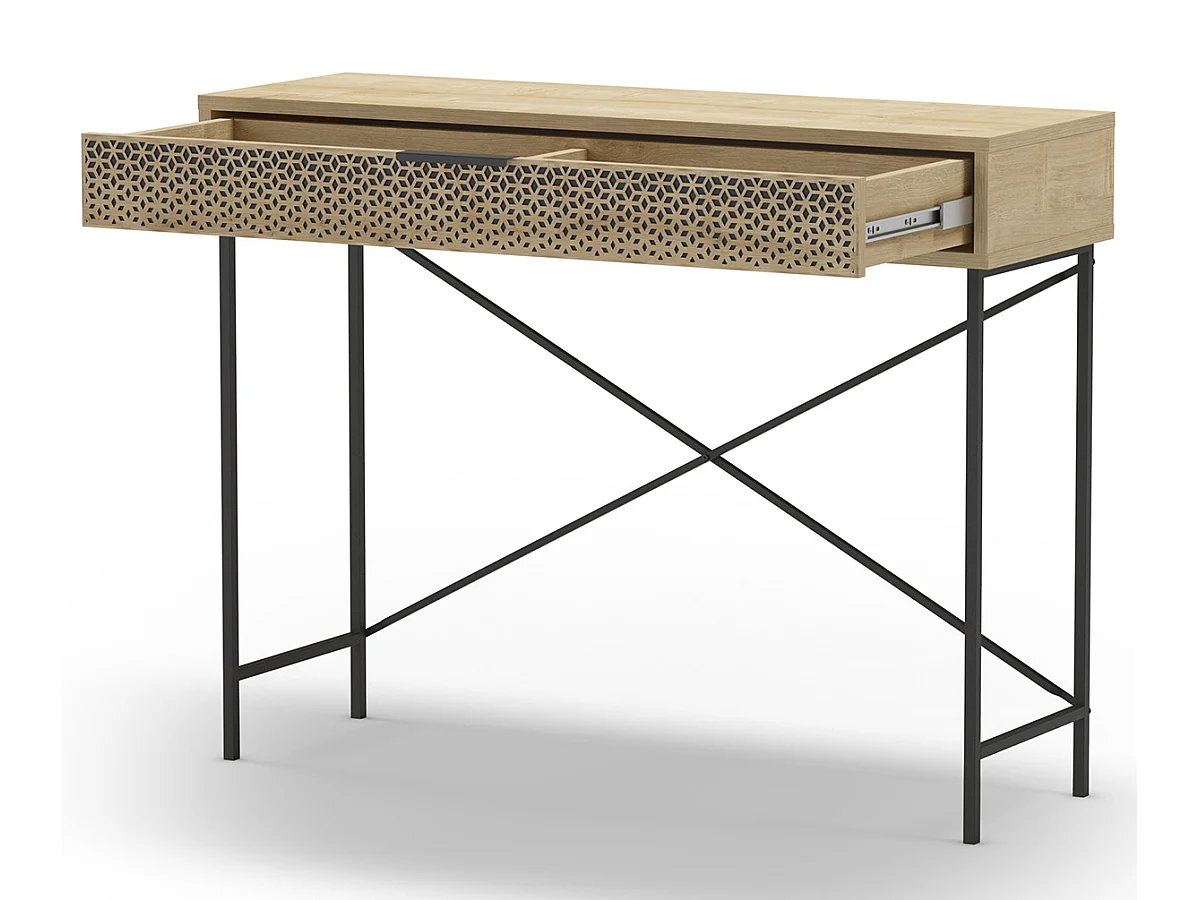 Meuble console, table de console aspect bois coloris chêne et pieds en métal noir - Longueur 110 x Profondeur 35,50 x Hauteur 85 cm