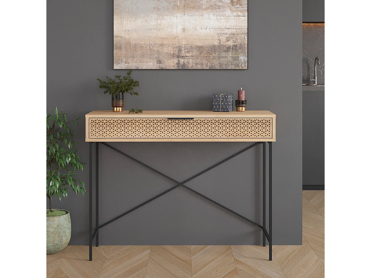 Meuble console, table de console aspect bois coloris chêne et pieds en métal noir - Longueur 110 x Profondeur 35,50 x Hauteur 85 cm