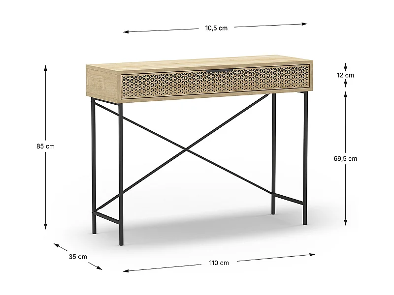 Meuble console, table de console aspect bois coloris chêne et pieds en métal noir - Longueur 110 x Profondeur 35,50 x Hauteur 85 cm