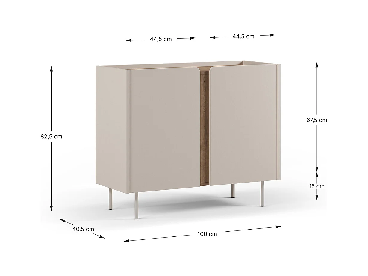 Buffet, meuble de rangement avec 2 portes aspect bois coloris crème, chêne et pieds en métal - Longueur 100 x Profondeur 40 x Hauteur 82,50 cm