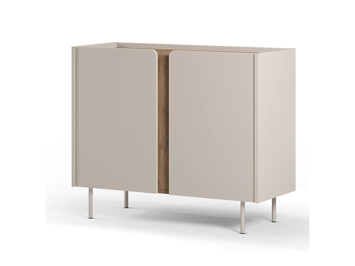 Buffet, meuble de rangement avec 2 portes aspect bois coloris crème, chêne et pieds en métal - Longueur 100 x Profondeur 40 x Hauteur 82,50 cm