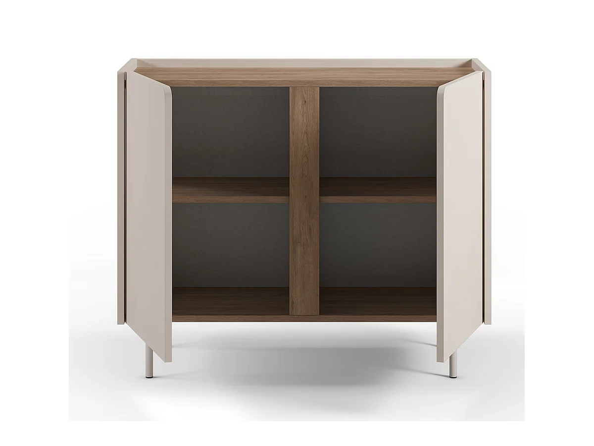 Buffet, meuble de rangement avec 2 portes aspect bois coloris crème, chêne et pieds en métal - Longueur 100 x Profondeur 40 x Hauteur 82,50 cm