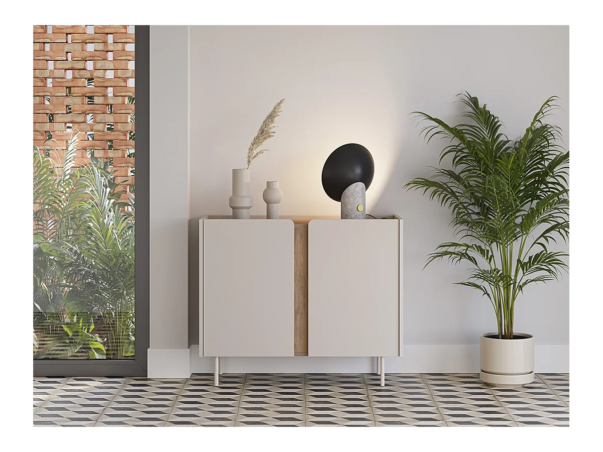 Buffet, meuble de rangement avec 2 portes aspect bois coloris crème, chêne et pieds en métal - Longueur 100 x Profondeur 40 x Hauteur 82,50 cm