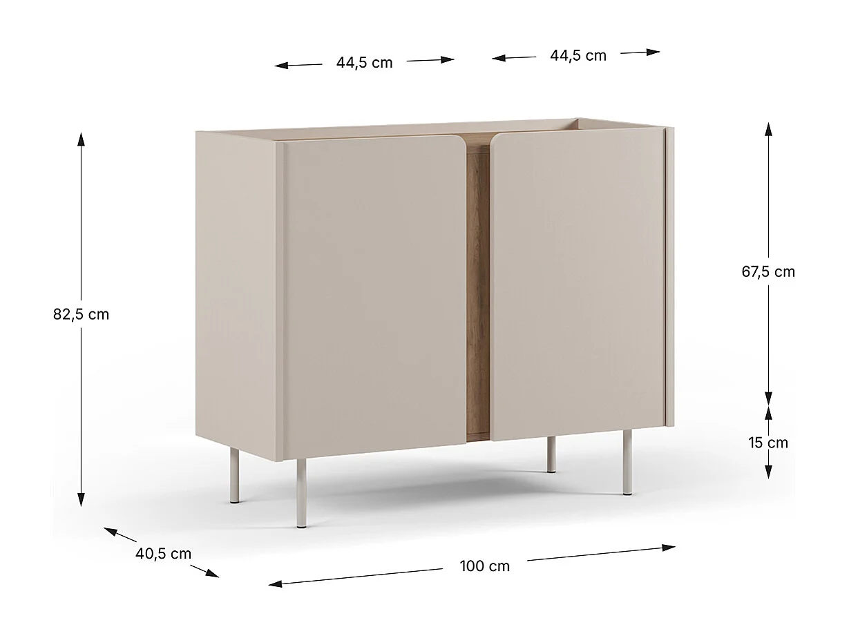 Buffet, meuble de rangement avec 2 portes aspect bois coloris crème, chêne et pieds en métal - Longueur 100 x Profondeur 40 x Hauteur 82,50 cm