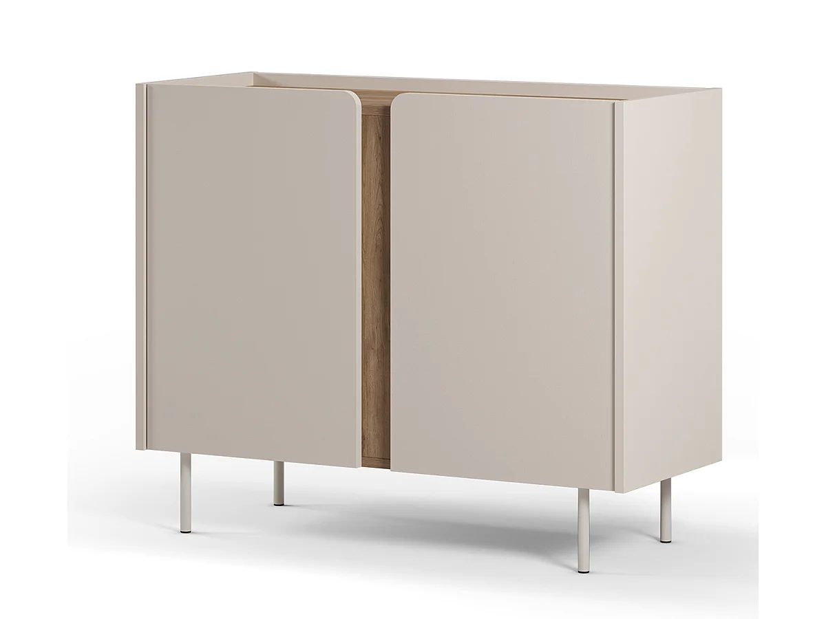 Buffet, meuble de rangement avec 2 portes aspect bois coloris crème, chêne et pieds en métal - Longueur 100 x Profondeur 40 x Hauteur 82,50 cm