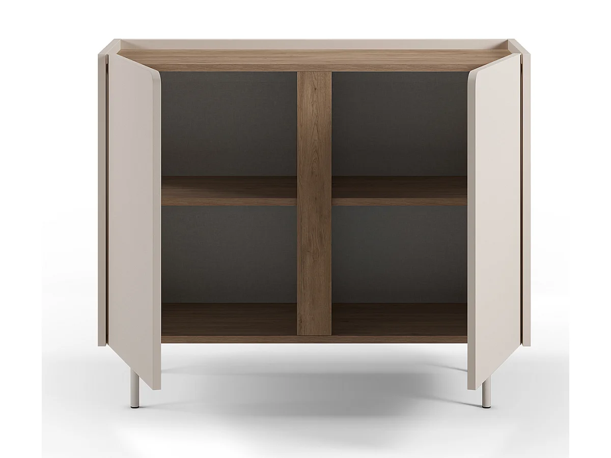 Buffet, meuble de rangement avec 2 portes aspect bois coloris crème, chêne et pieds en métal - Longueur 100 x Profondeur 40 x Hauteur 82,50 cm