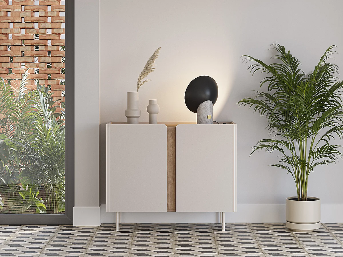 Buffet, meuble de rangement avec 2 portes aspect bois coloris crème, chêne et pieds en métal - Longueur 100 x Profondeur 40 x Hauteur 82,50 cm