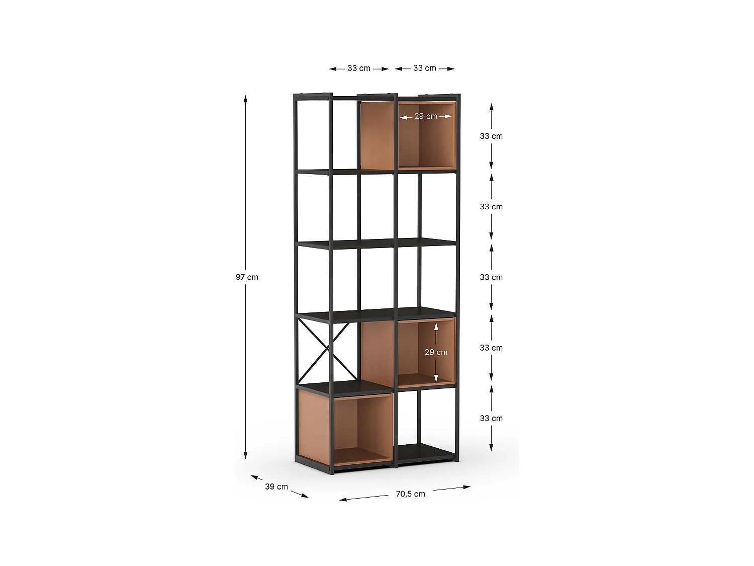 Etagère haute, meuble étagère aspect bois coloris terracotta et métal noir - Longueur 70 x Profondeur 39 x Hauteur 179 cm