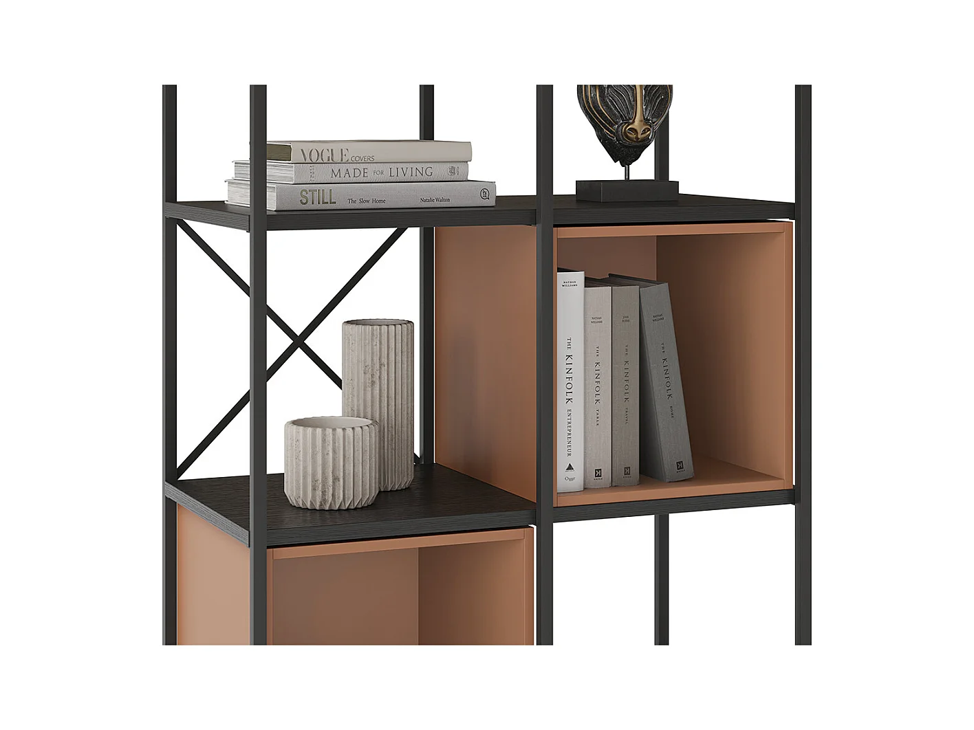 Etagère haute, meuble étagère aspect bois coloris terracotta et métal noir - Longueur 70 x Profondeur 39 x Hauteur 179 cm