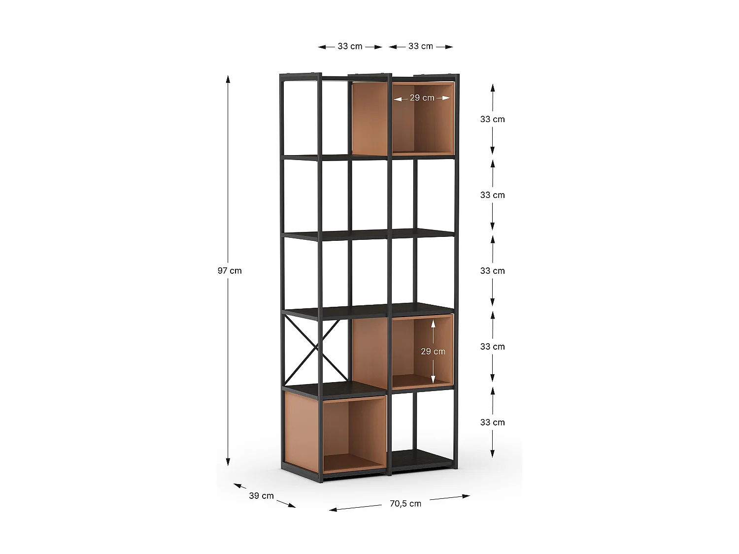 Etagère haute, meuble étagère aspect bois coloris terracotta et métal noir - Longueur 70 x Profondeur 39 x Hauteur 179 cm