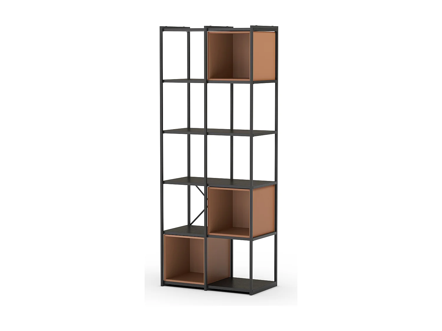 Etagère haute, meuble étagère aspect bois coloris terracotta et métal noir - Longueur 70 x Profondeur 39 x Hauteur 179 cm