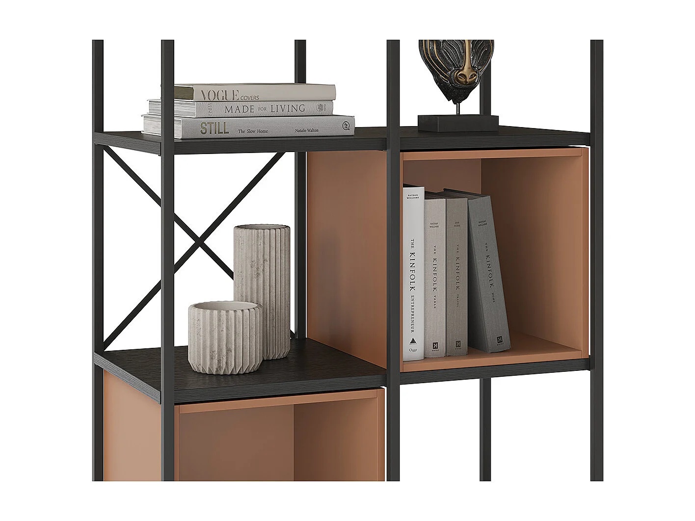 Etagère haute, meuble étagère aspect bois coloris terracotta et métal noir - Longueur 70 x Profondeur 39 x Hauteur 179 cm