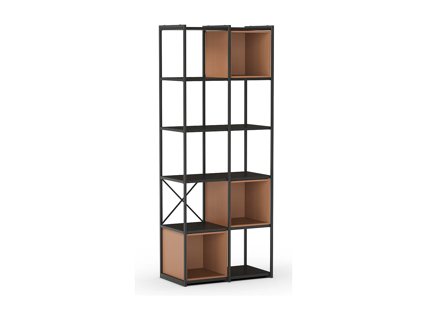 Etagère haute, meuble étagère aspect bois coloris terracotta et métal noir - Longueur 70 x Profondeur 39 x Hauteur 179 cm