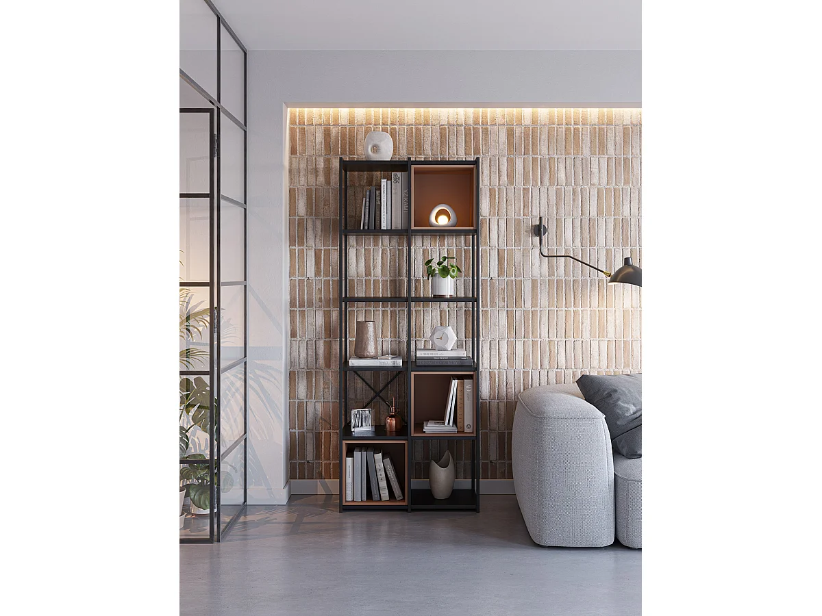 Etagère haute, meuble étagère aspect bois coloris terracotta et métal noir - Longueur 70 x Profondeur 39 x Hauteur 179 cm