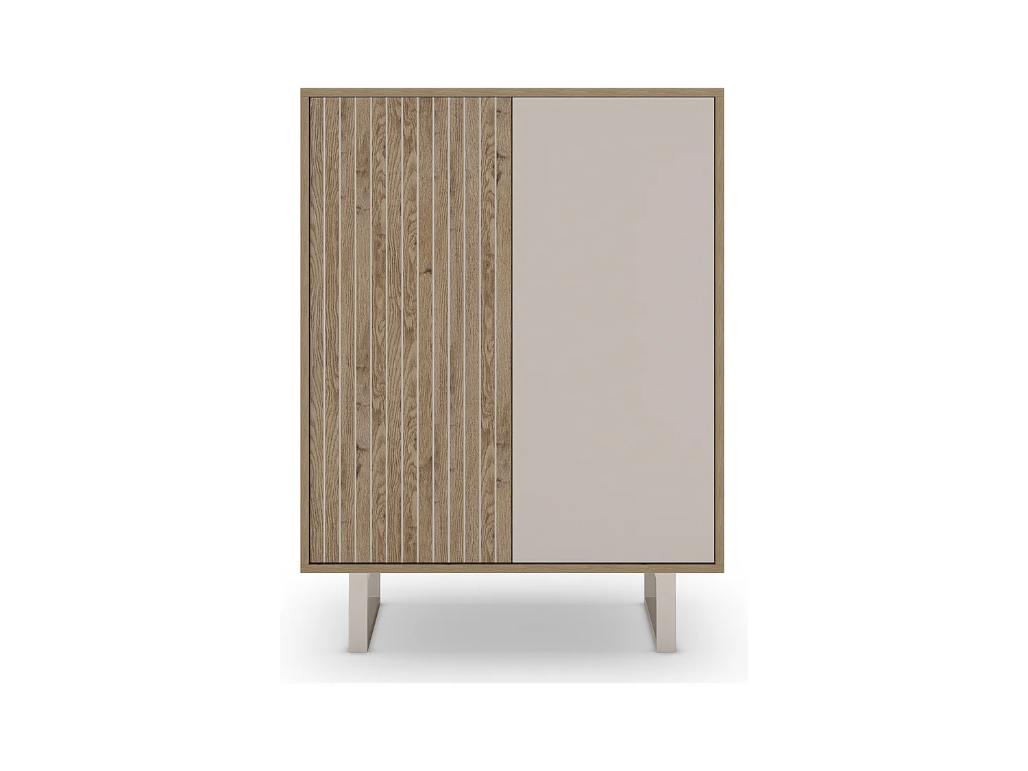 Buffet, meuble de rangement avec 2 portes aspect bois coloris chêne, gris et pieds en métal - Longueur 90 x Profondeur 40 x Hauteur 120 cm