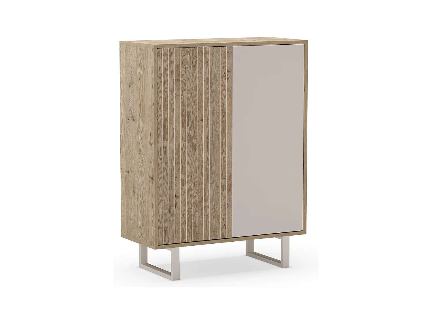 Buffet, meuble de rangement avec 2 portes aspect bois coloris chêne, gris et pieds en métal - Longueur 90 x Profondeur 40 x Hauteur 120 cm