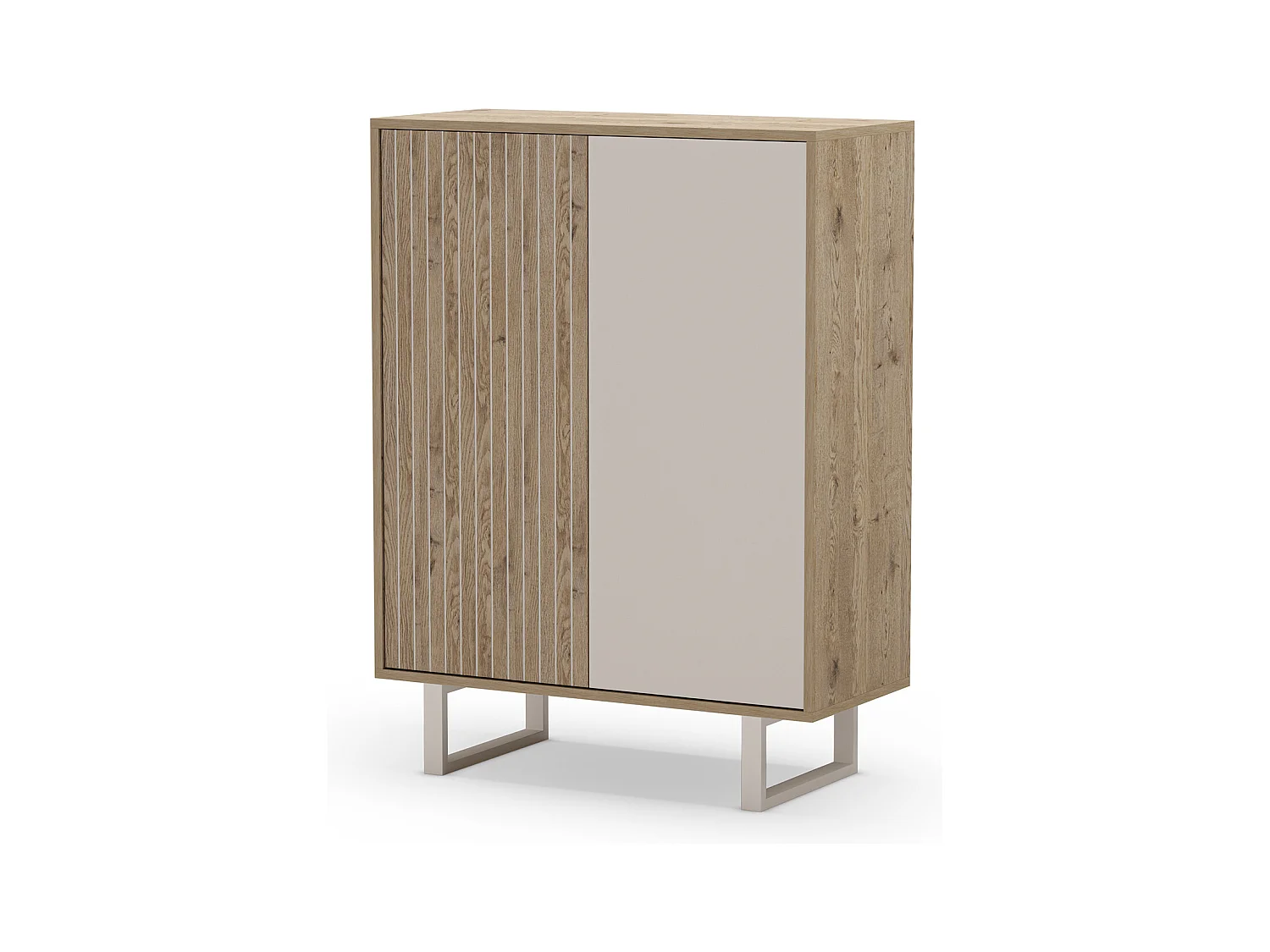Buffet, meuble de rangement avec 2 portes aspect bois coloris chêne, gris et pieds en métal - Longueur 90 x Profondeur 40 x Hauteur 120 cm
