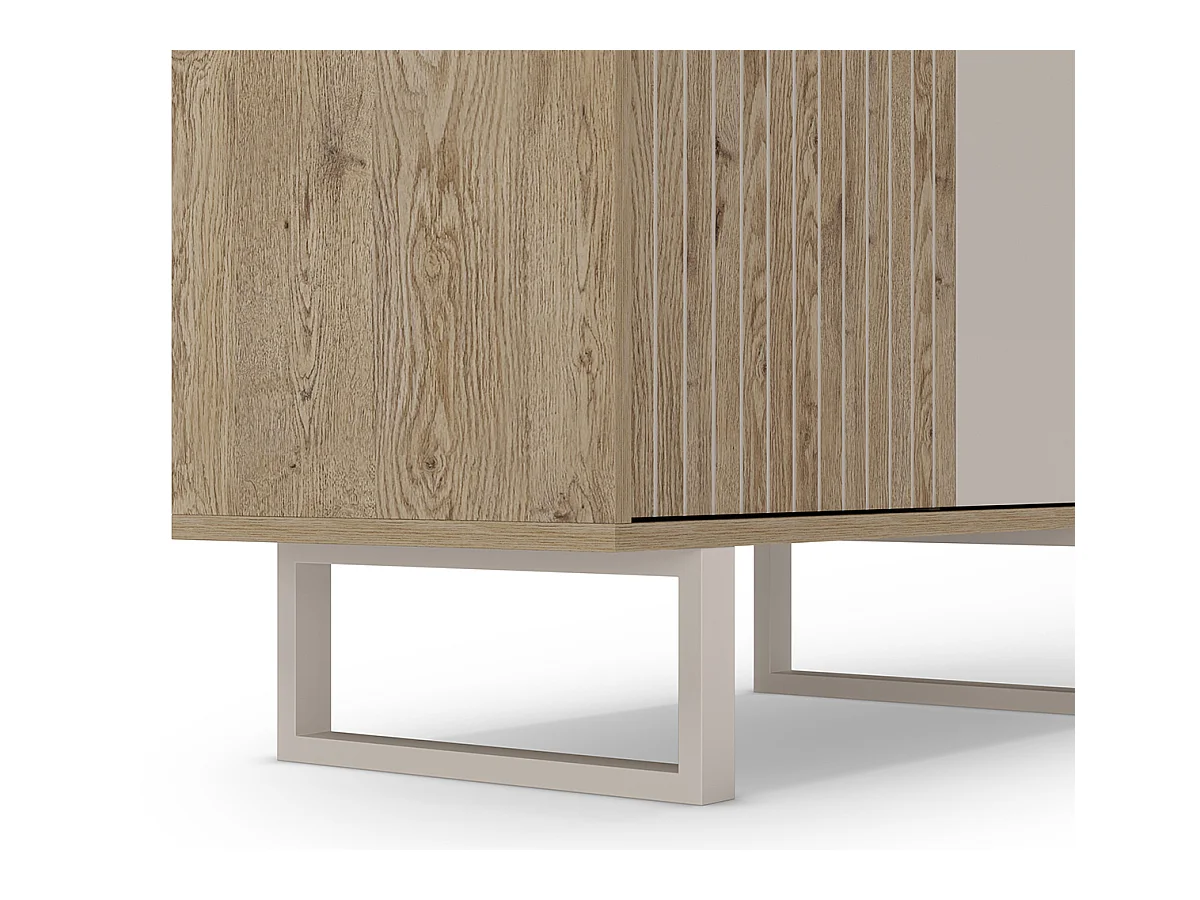 Buffet, meuble de rangement avec 2 portes aspect bois coloris chêne, gris et pieds en métal - Longueur 90 x Profondeur 40 x Hauteur 120 cm