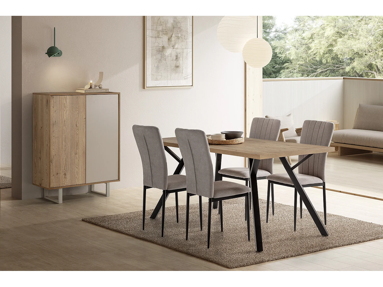 Buffet, meuble de rangement avec 2 portes aspect bois coloris chêne, gris et pieds en métal - Longueur 90 x Profondeur 40 x Hauteur 120 cm