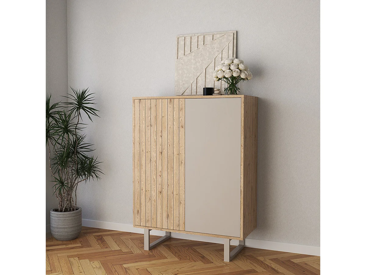 Buffet, meuble de rangement avec 2 portes aspect bois coloris chêne, gris et pieds en métal - Longueur 90 x Profondeur 40 x Hauteur 120 cm