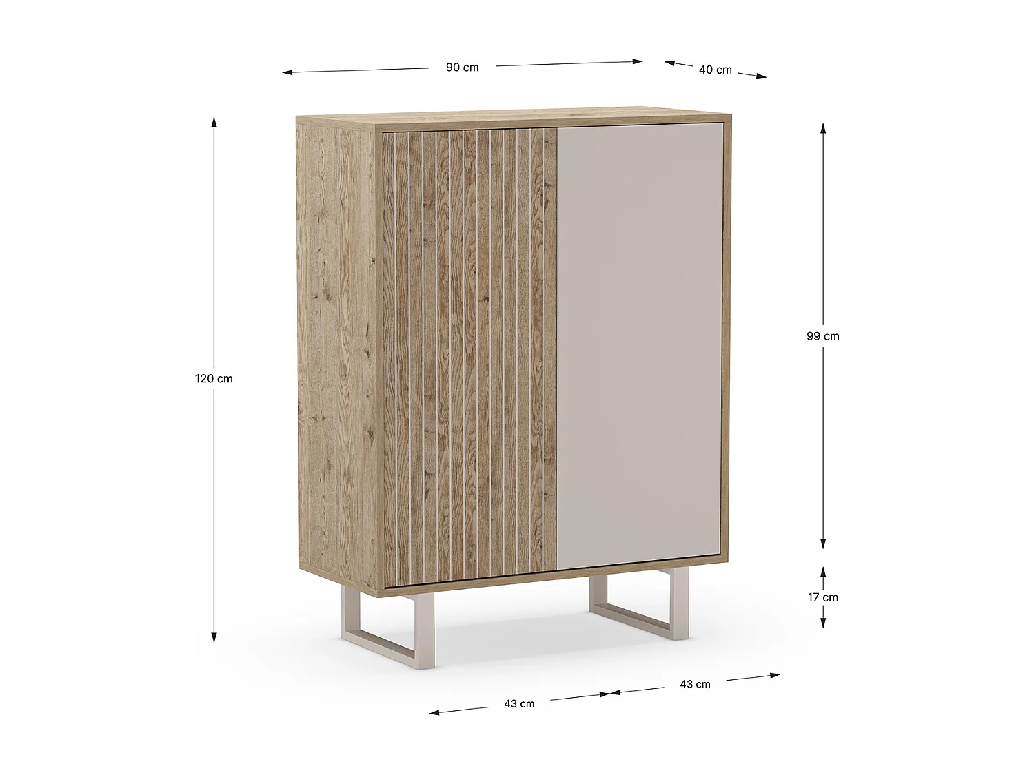 Buffet, meuble de rangement avec 2 portes aspect bois coloris chêne, gris et pieds en métal - Longueur 90 x Profondeur 40 x Hauteur 120 cm
