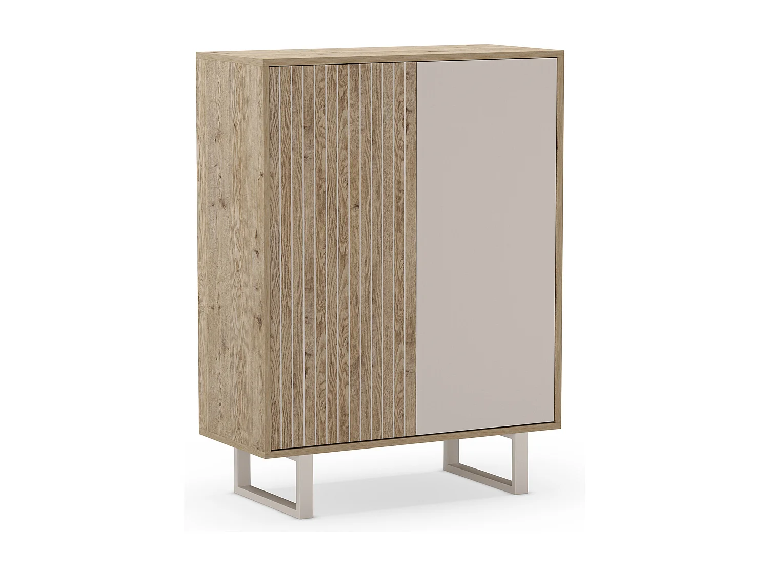 Buffet, meuble de rangement avec 2 portes aspect bois coloris chêne, gris et pieds en métal - Longueur 90 x Profondeur 40 x Hauteur 120 cm