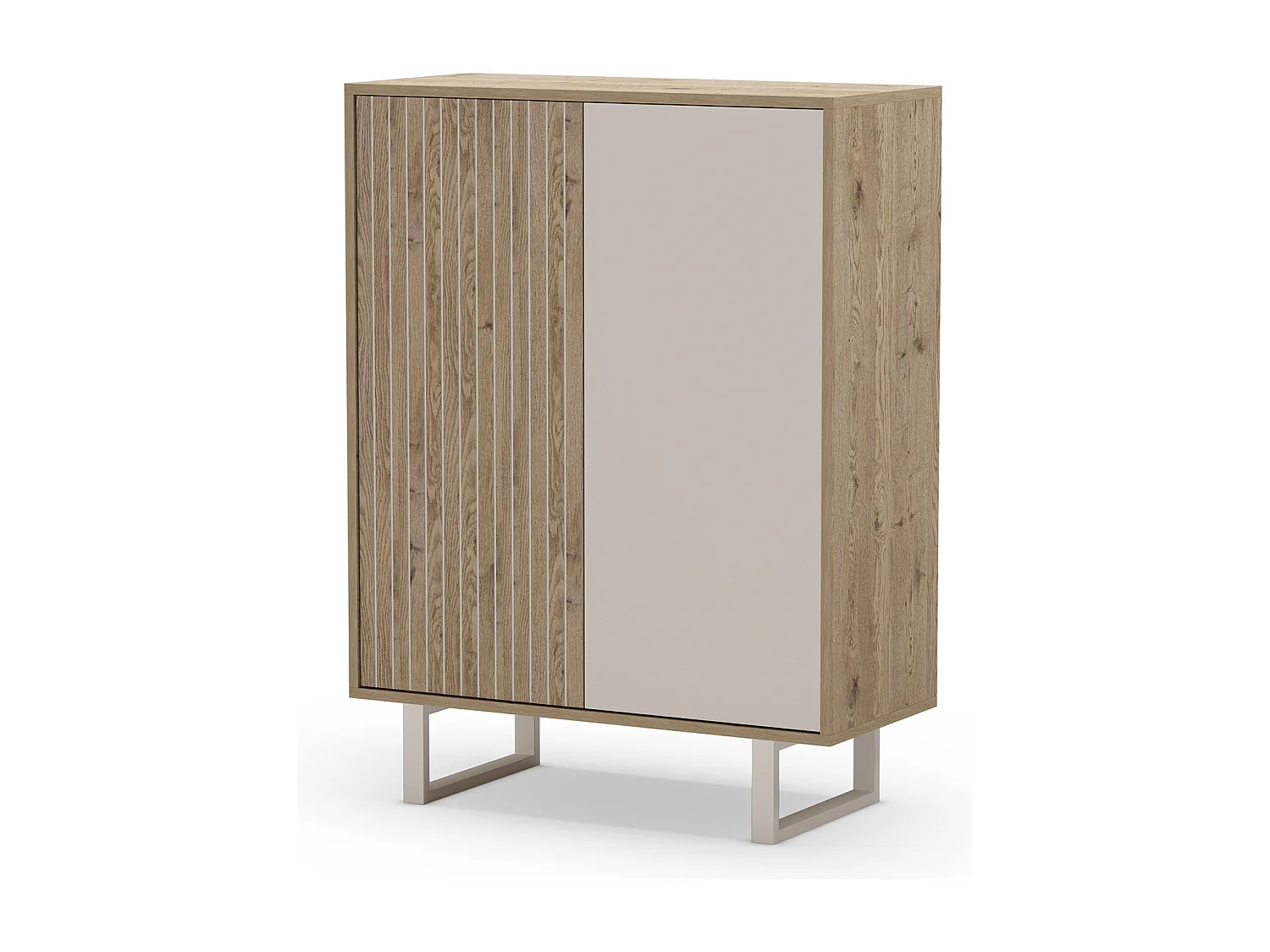 Buffet, meuble de rangement avec 2 portes aspect bois coloris chêne, gris et pieds en métal - Longueur 90 x Profondeur 40 x Hauteur 120 cm