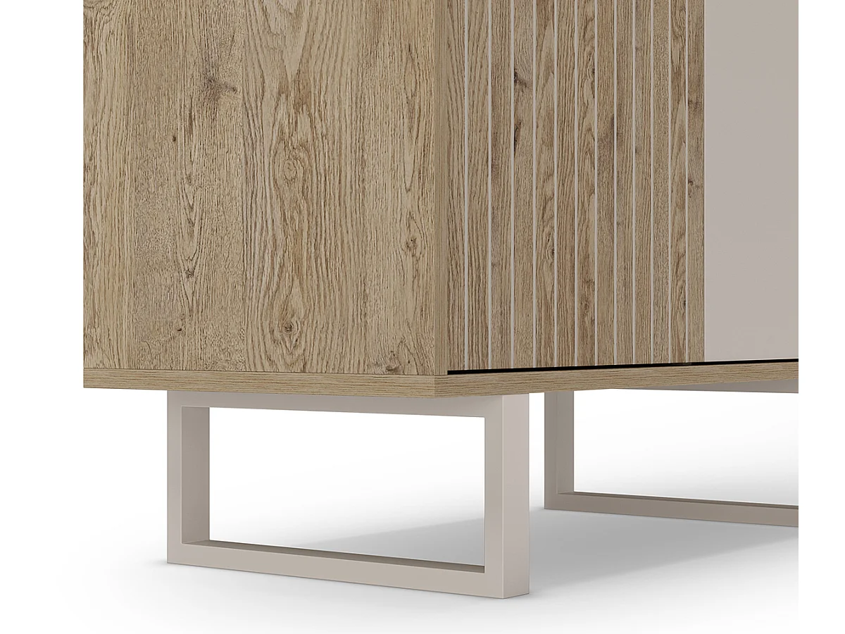 Buffet, meuble de rangement avec 2 portes aspect bois coloris chêne, gris et pieds en métal - Longueur 90 x Profondeur 40 x Hauteur 120 cm