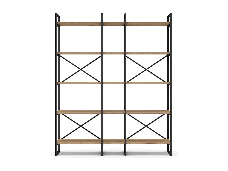 Etagère haute, meuble étagère aspect bois coloris naturel et métal noir - Longueur 143,5 x Profondeur 30 x Hauteur 175 cm