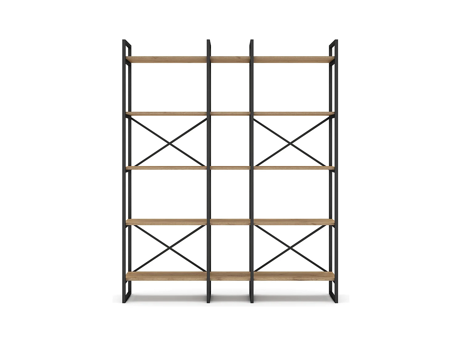 Etagère haute, meuble étagère aspect bois coloris naturel et métal noir - Longueur 143,5 x Profondeur 30 x Hauteur 175 cm