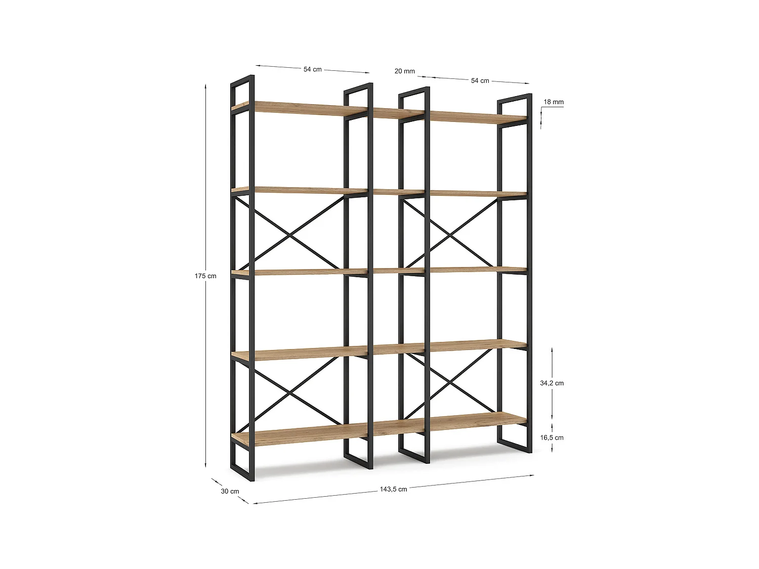 Etagère haute, meuble étagère aspect bois coloris naturel et métal noir - Longueur 143,5 x Profondeur 30 x Hauteur 175 cm