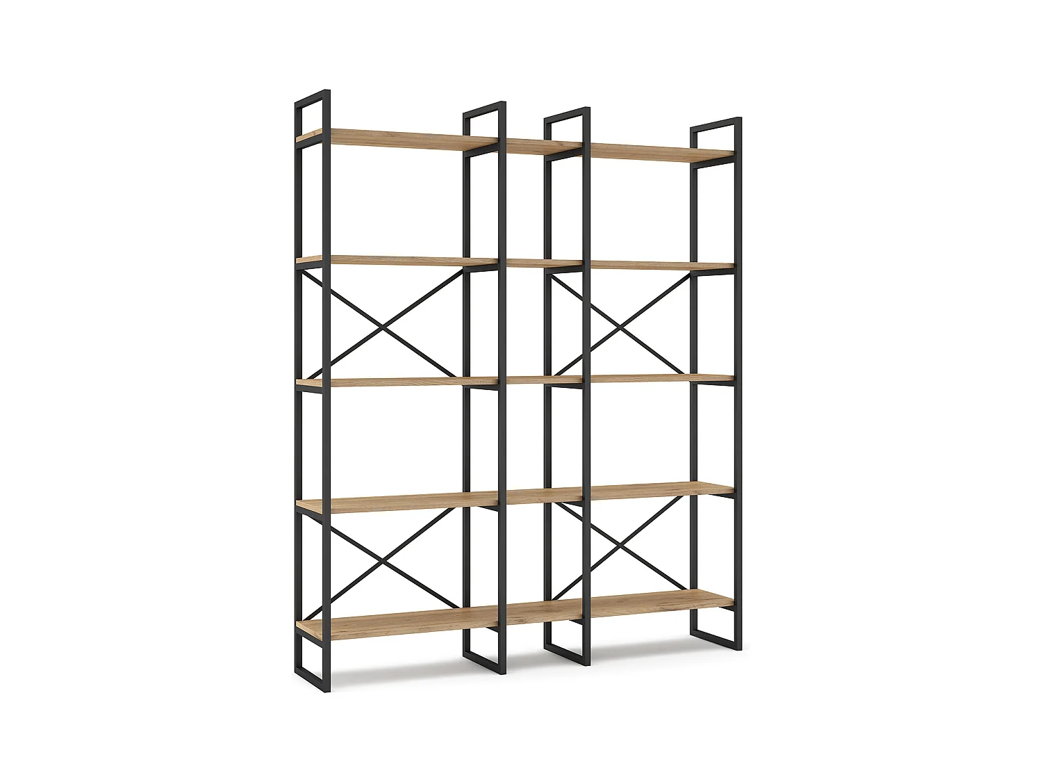 Etagère haute, meuble étagère aspect bois coloris naturel et métal noir - Longueur 143,5 x Profondeur 30 x Hauteur 175 cm