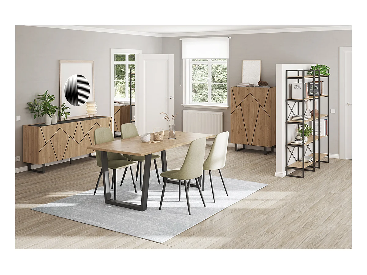 Etagère haute, meuble étagère aspect bois coloris naturel et métal noir - Longueur 143,5 x Profondeur 30 x Hauteur 175 cm