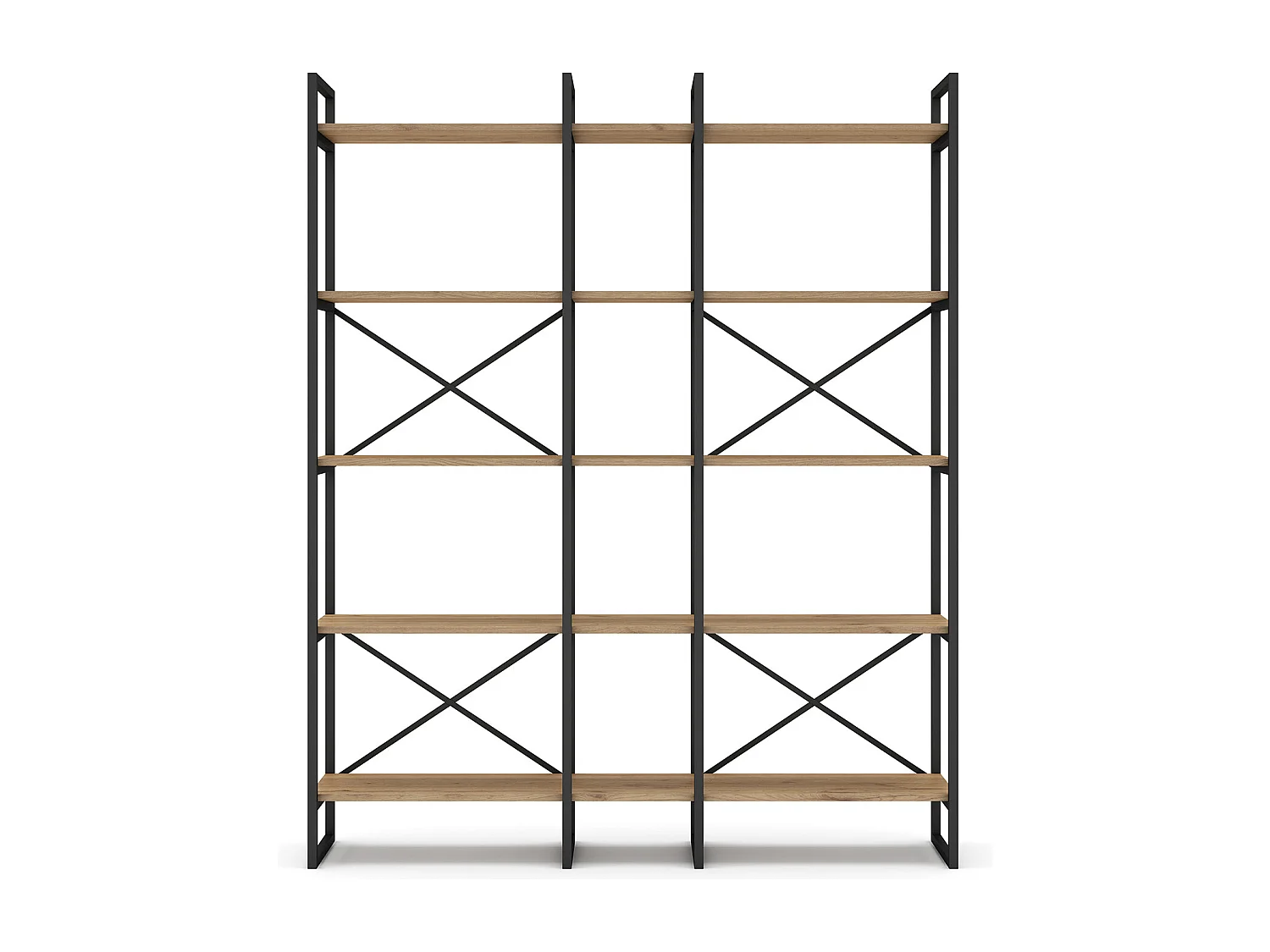 Etagère haute, meuble étagère aspect bois coloris naturel et métal noir - Longueur 143,5 x Profondeur 30 x Hauteur 175 cm