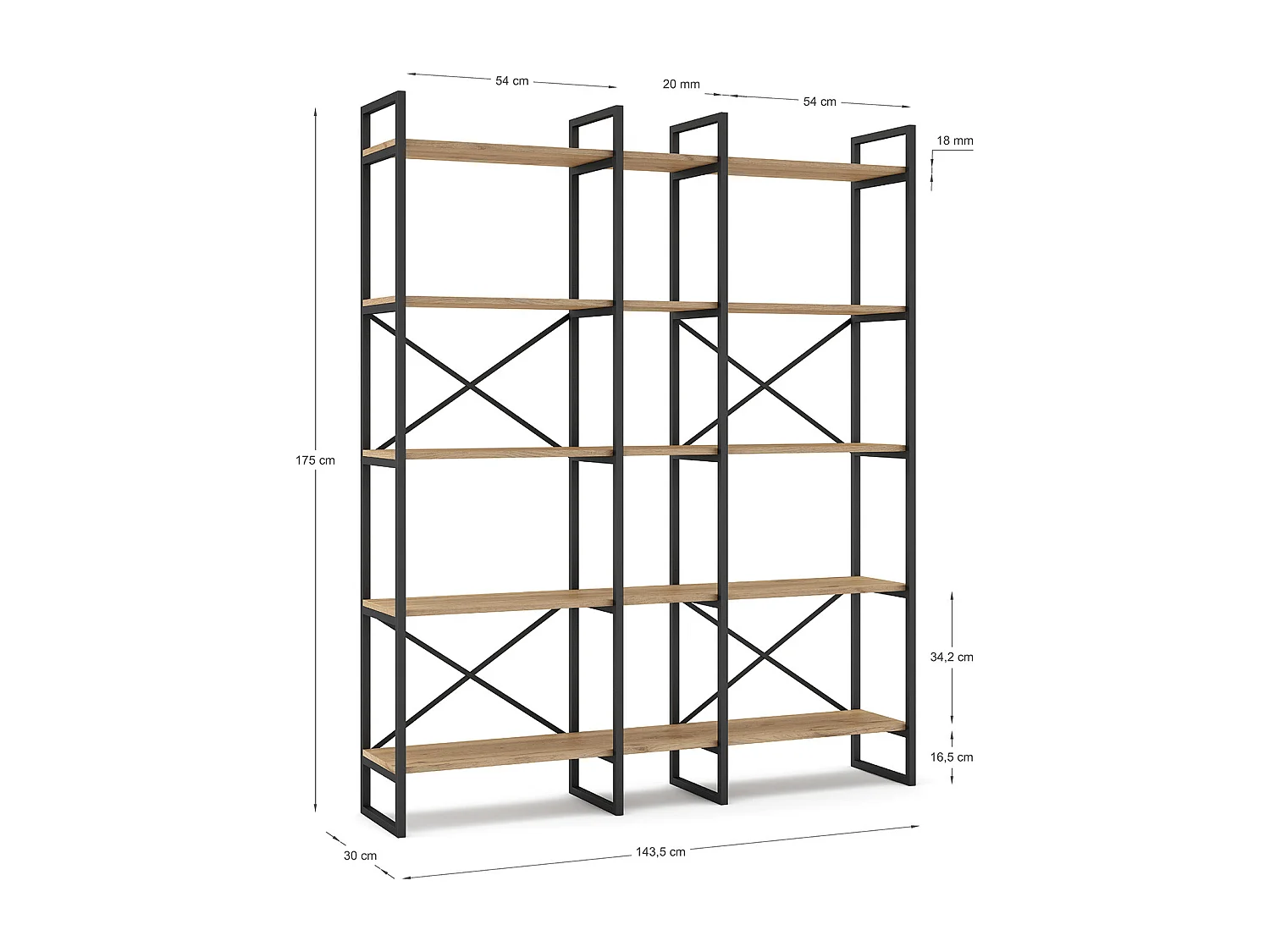 Etagère haute, meuble étagère aspect bois coloris naturel et métal noir - Longueur 143,5 x Profondeur 30 x Hauteur 175 cm