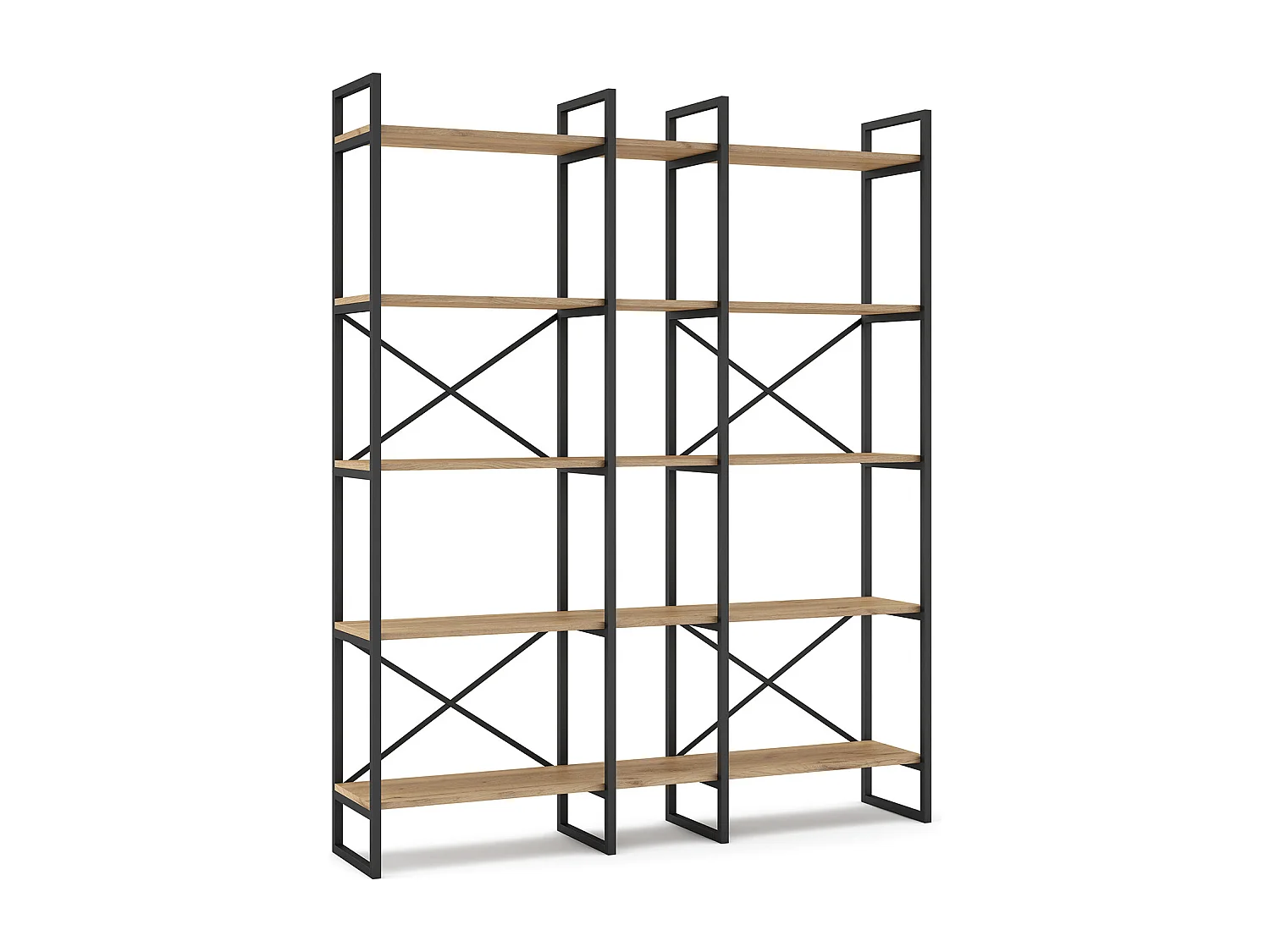 Etagère haute, meuble étagère aspect bois coloris naturel et métal noir - Longueur 143,5 x Profondeur 30 x Hauteur 175 cm