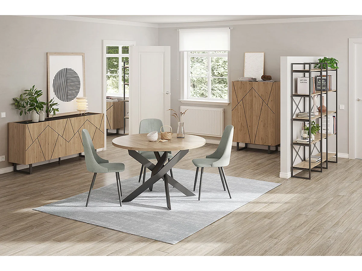 Etagère haute, meuble étagère aspect bois coloris naturel et métal noir - Longueur 143,5 x Profondeur 30 x Hauteur 175 cm