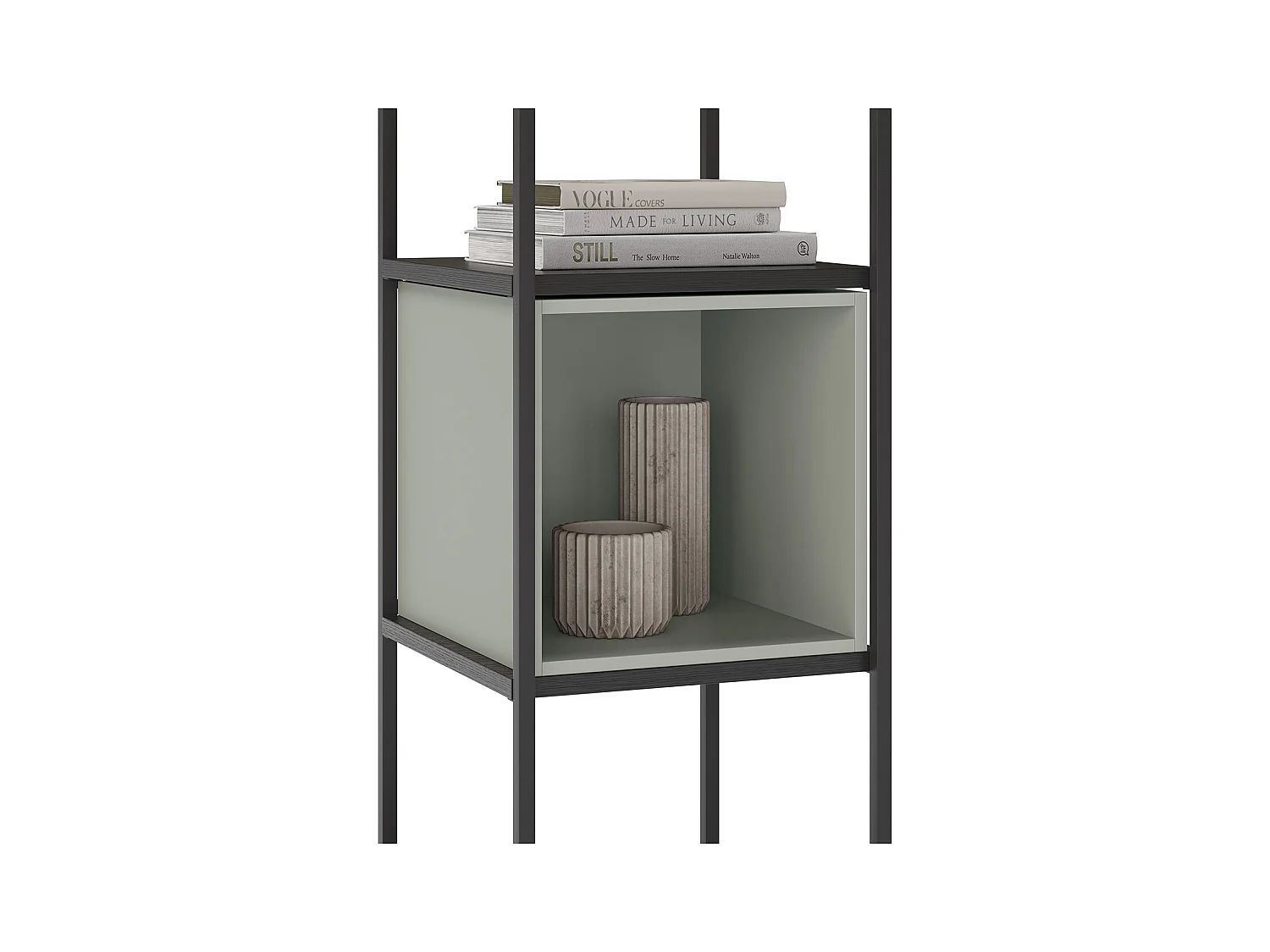 Bibliothèque, meuble étagère aspect bois coloris vert et métal noir - Longueur 36 x Profondeur 39 x Hauteur 179 cm